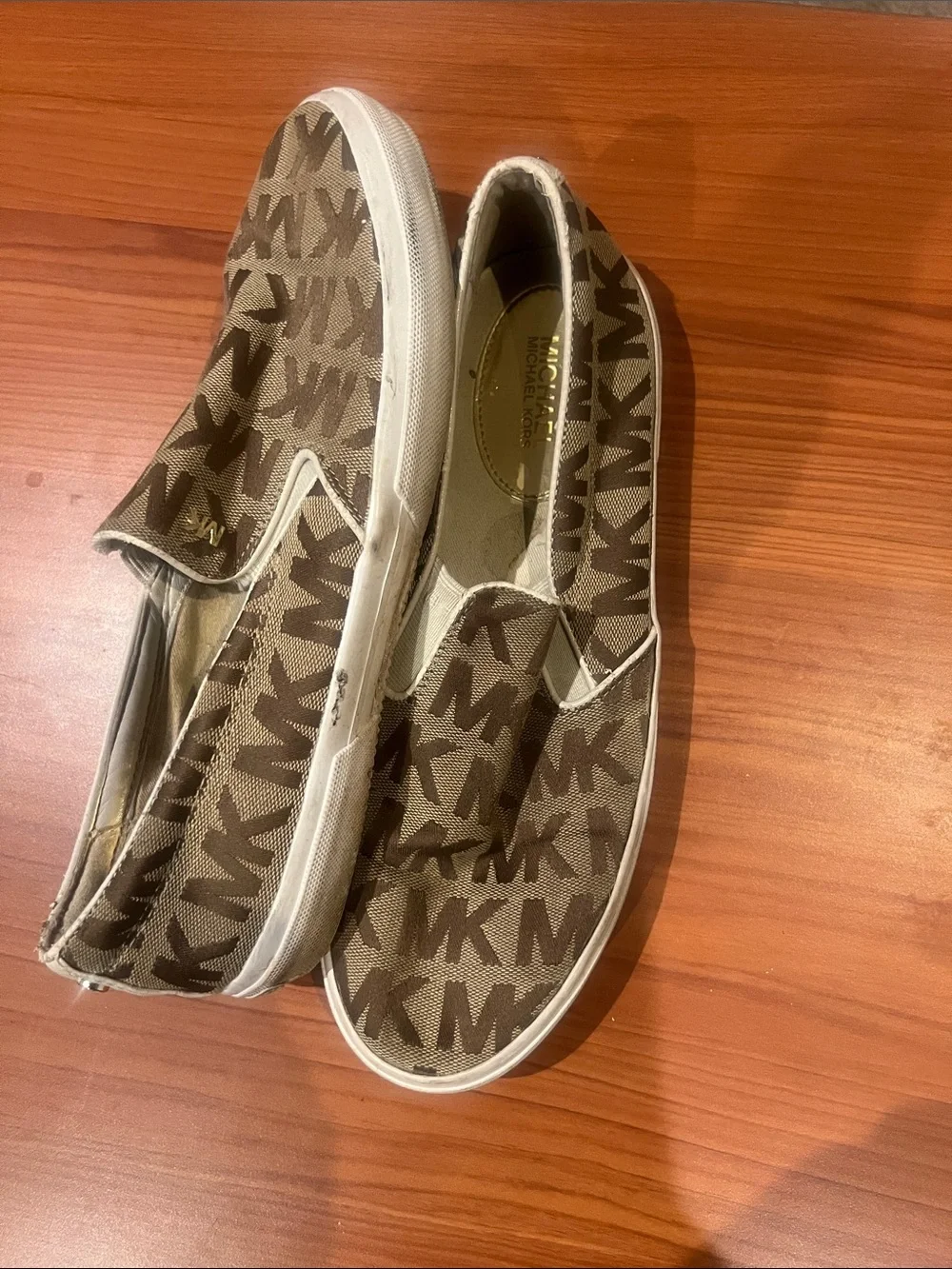 Michael Kors Brown and Cream MK Logo Slip-On Sneakers